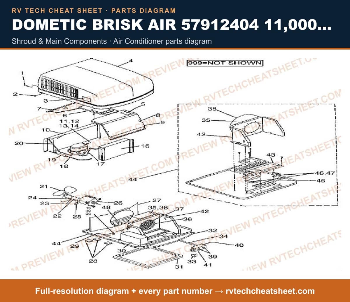 Dometic Brisk Air 57912404 11,000 BTU shroud & main components — exploded parts diagram