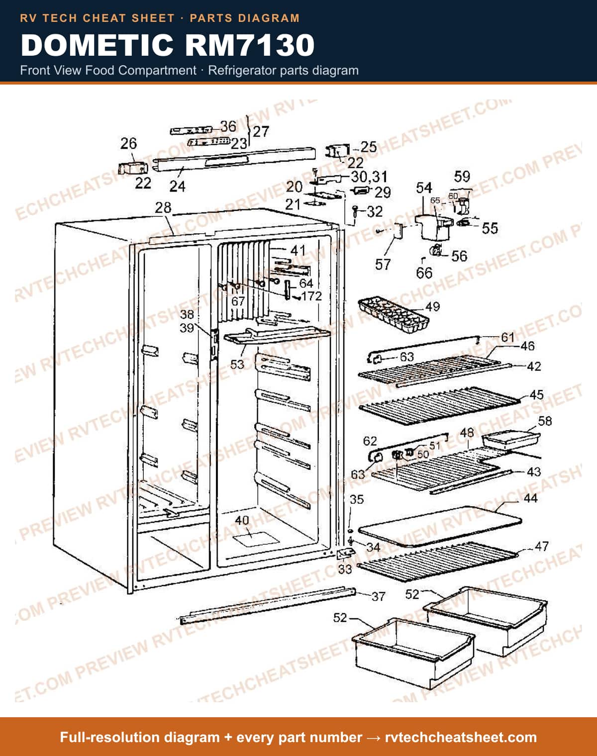 Dometic RM7130 front view food compartment — parts list sheet