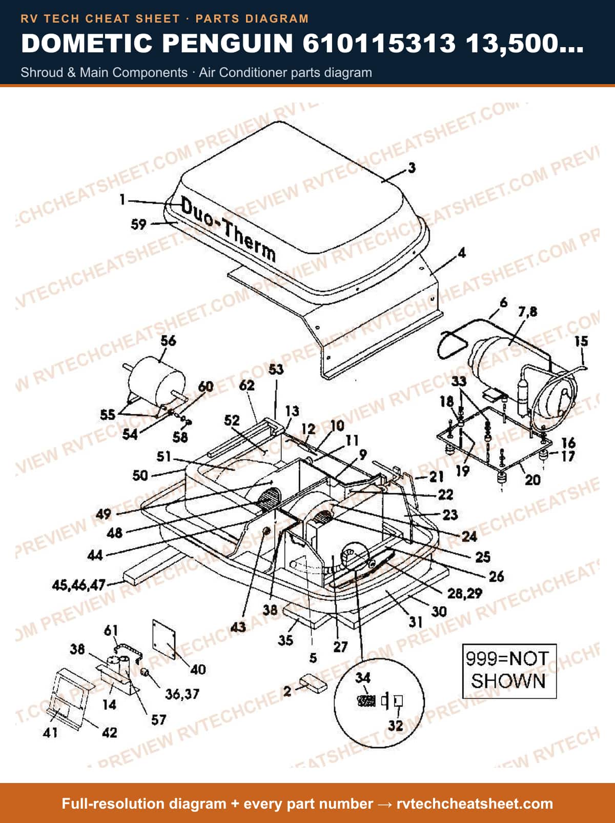 Dometic Penguin 610115313 13,500 BTU shroud & main components — parts list sheet