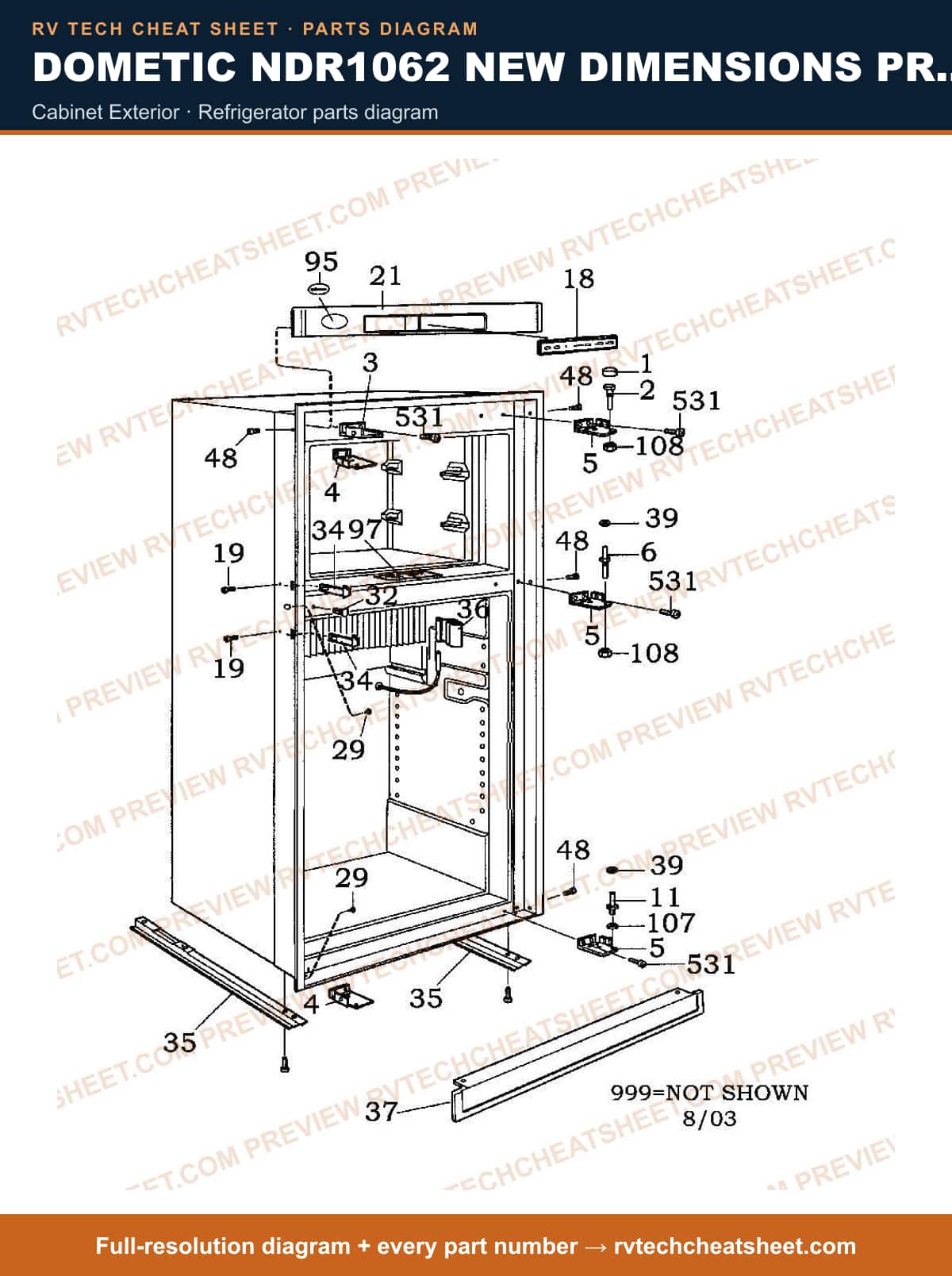 Dometic NDR1062 New Dimensions Product # 921146117 (stnls) cabinet exterior — parts list sheet