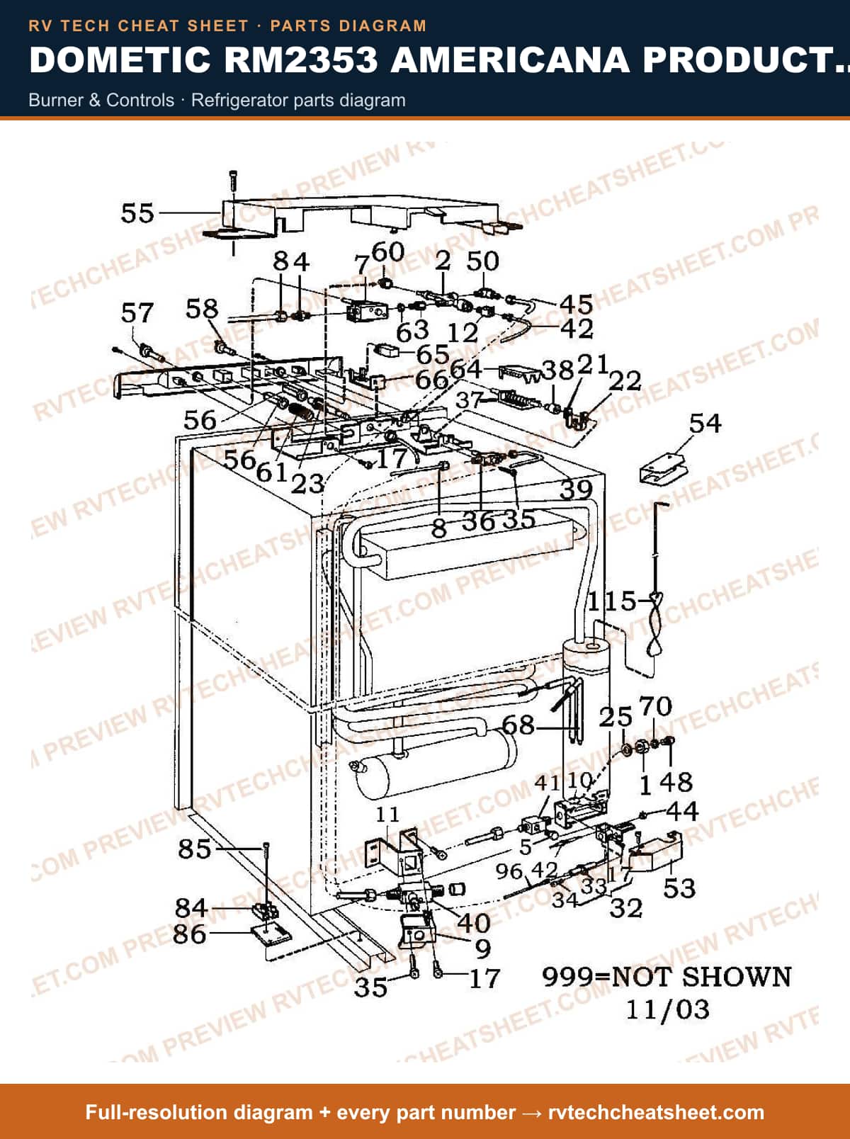 Dometic RM2353 Americana Product # 921145021 Black burner & controls — parts list sheet