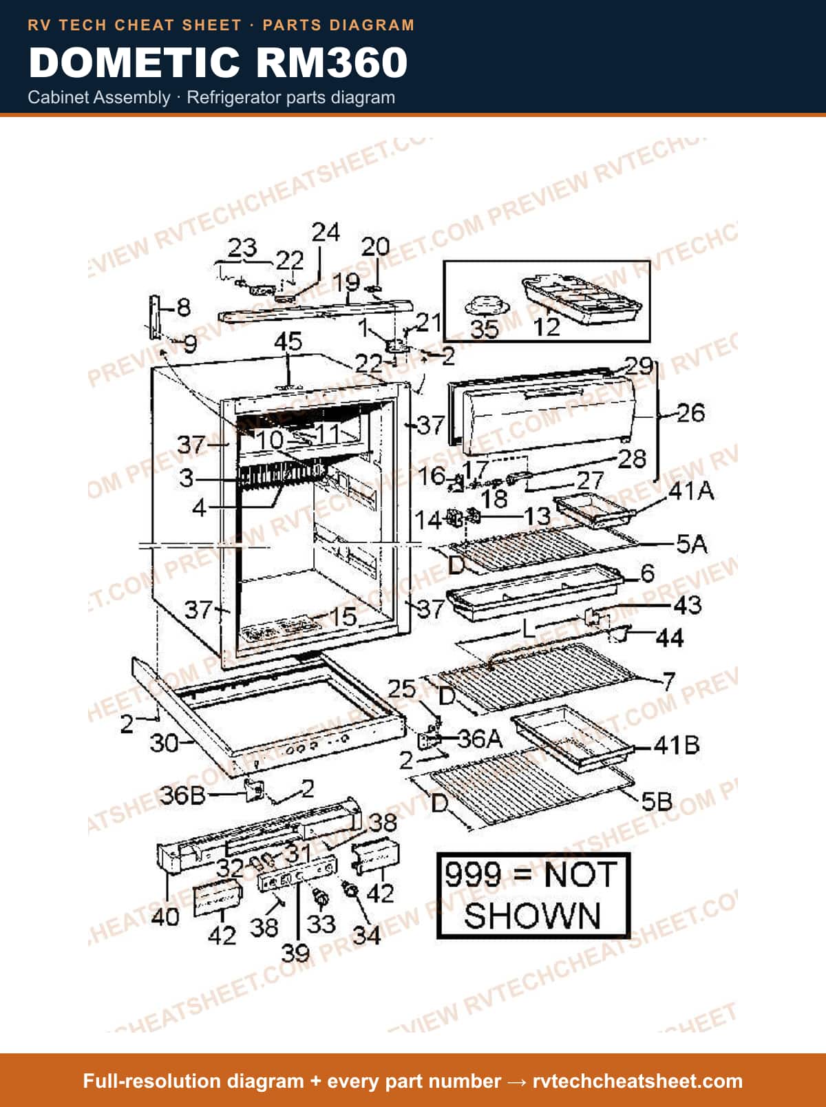 Dometic RM360 cabinet assembly — parts list sheet