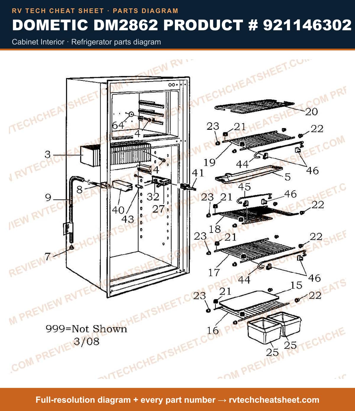 Dometic DM2862 Product # 921146302 cabinet interior — parts list sheet