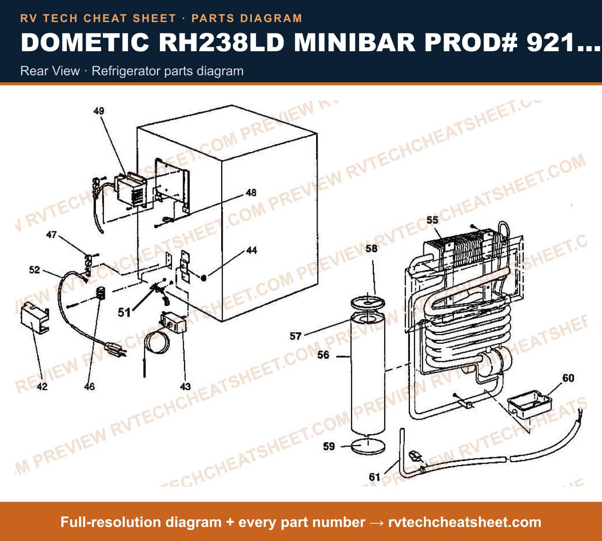 Dometic RH238LD Minibar Prod# 921063288 rear view — parts list sheet