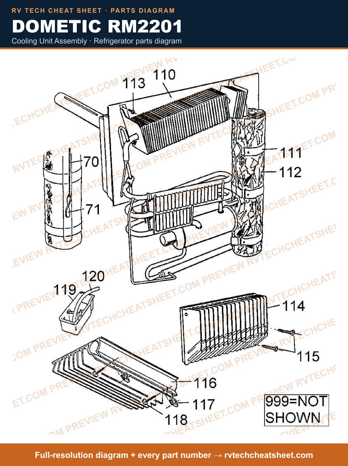 Dometic RM2201 cooling unit assembly — parts list sheet