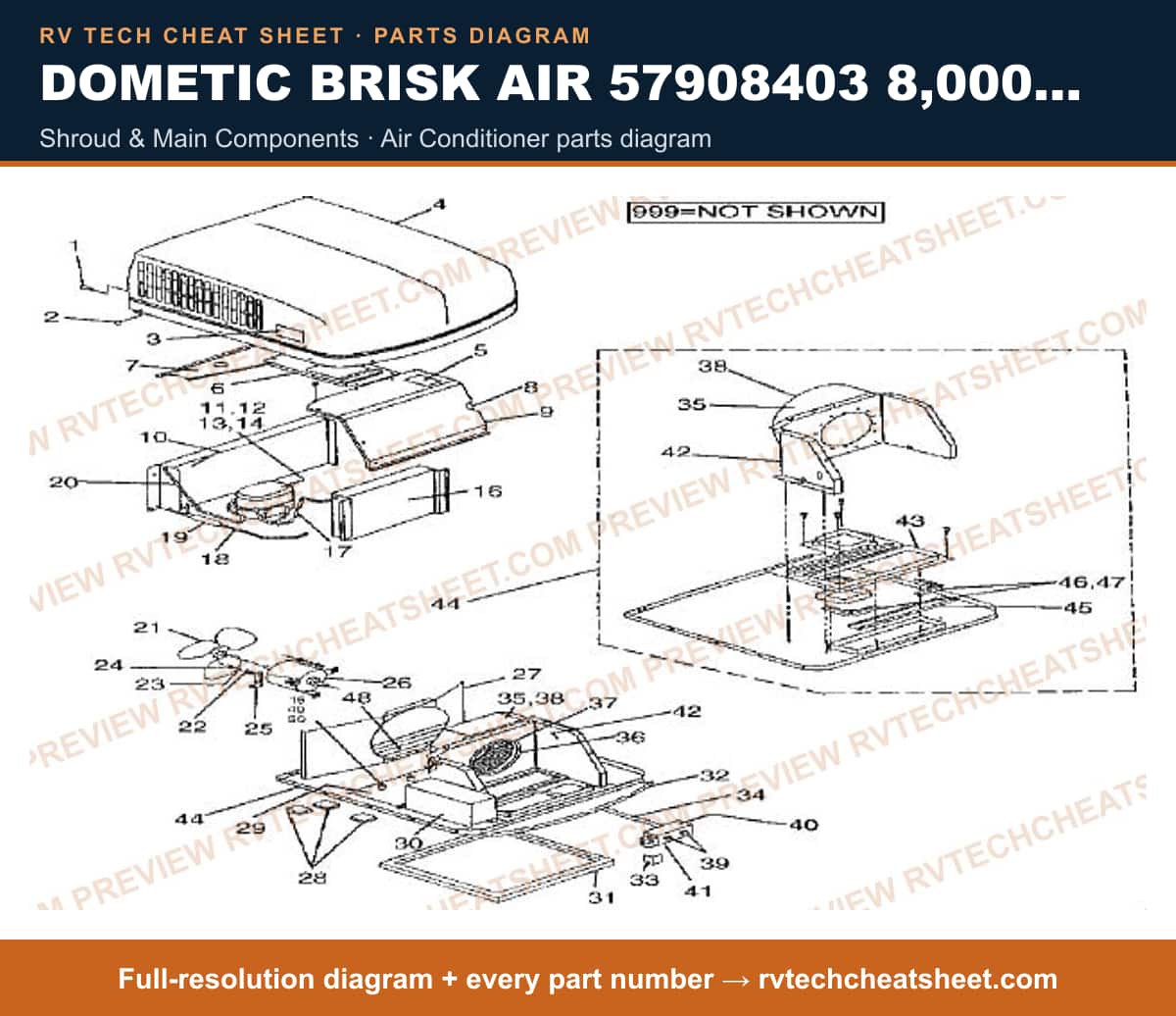 Dometic Brisk Air 57908403 8,000 BTU shroud & main components — exploded parts diagram