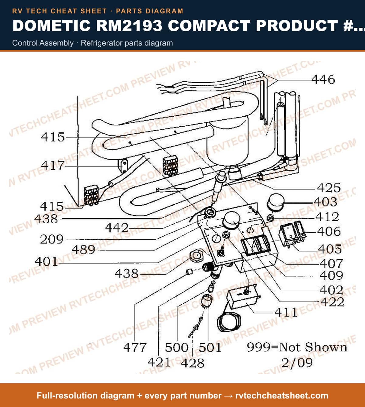 Dometic RM2193 Compact Product # 921131027 control assembly — parts list sheet