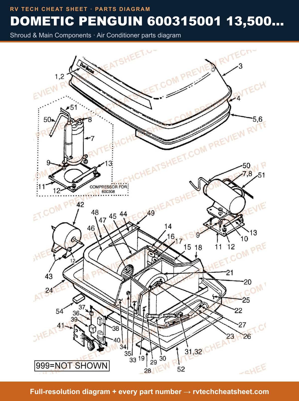 Dometic Penguin 600315001 13,500 BTU shroud & main components — parts list sheet