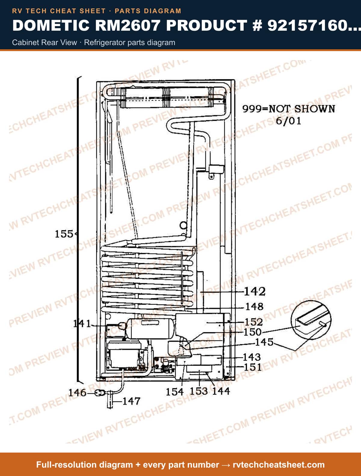 Dometic RM2607 Product # 921571601 2-WAY cabinet rear view — parts list sheet