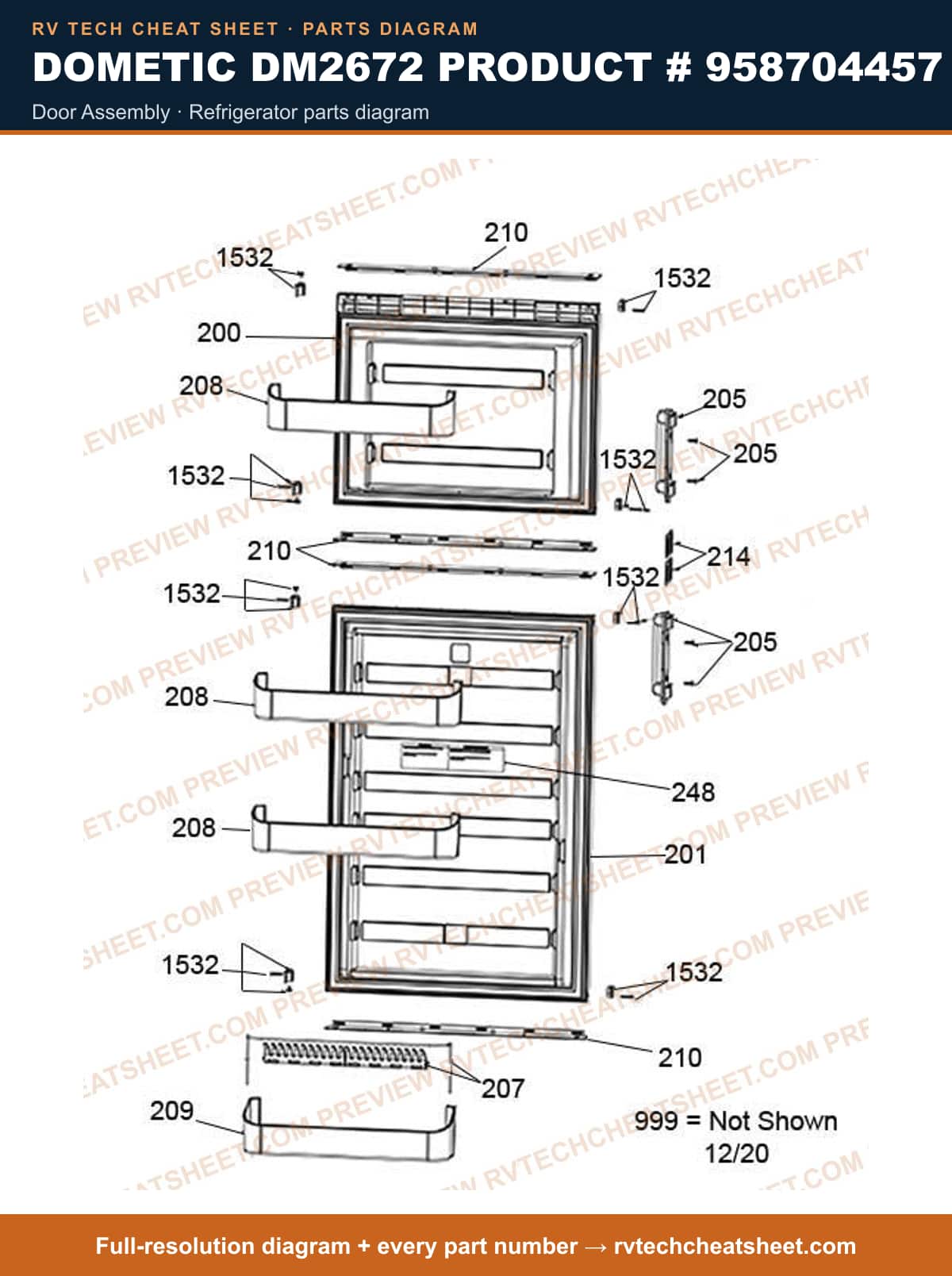 Dometic DM2672 Product # 958704457 door assembly — parts list sheet