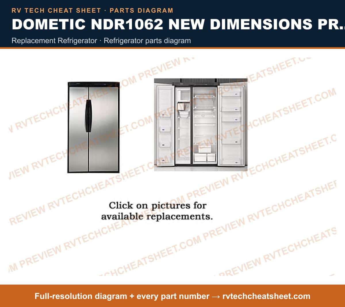Dometic NDR1062 New Dimensions Product # 921146117 (stnls) replacement refrigerator — parts list sheet