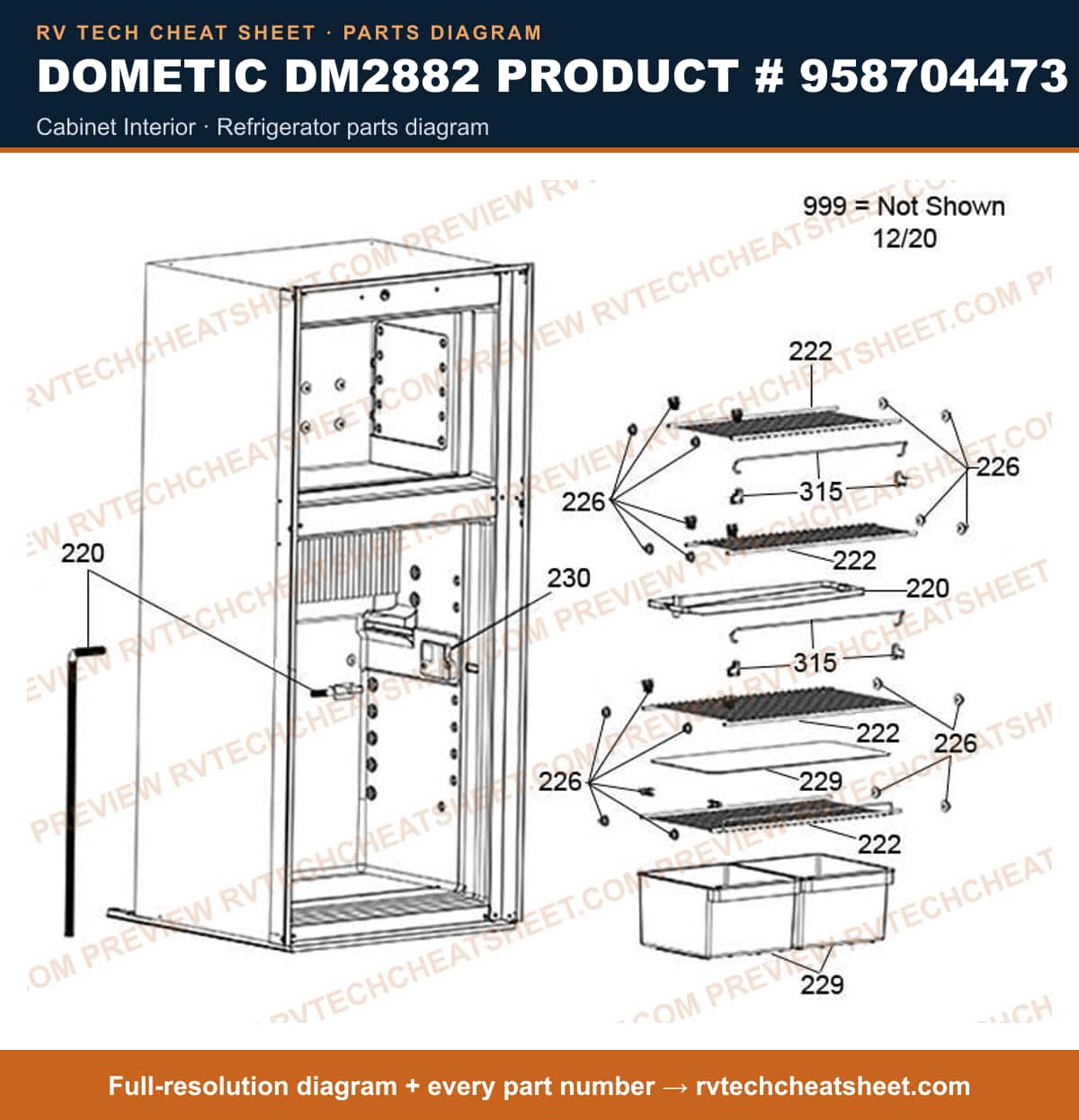 Dometic DM2882 Product # 958704473 cabinet interior — parts list sheet