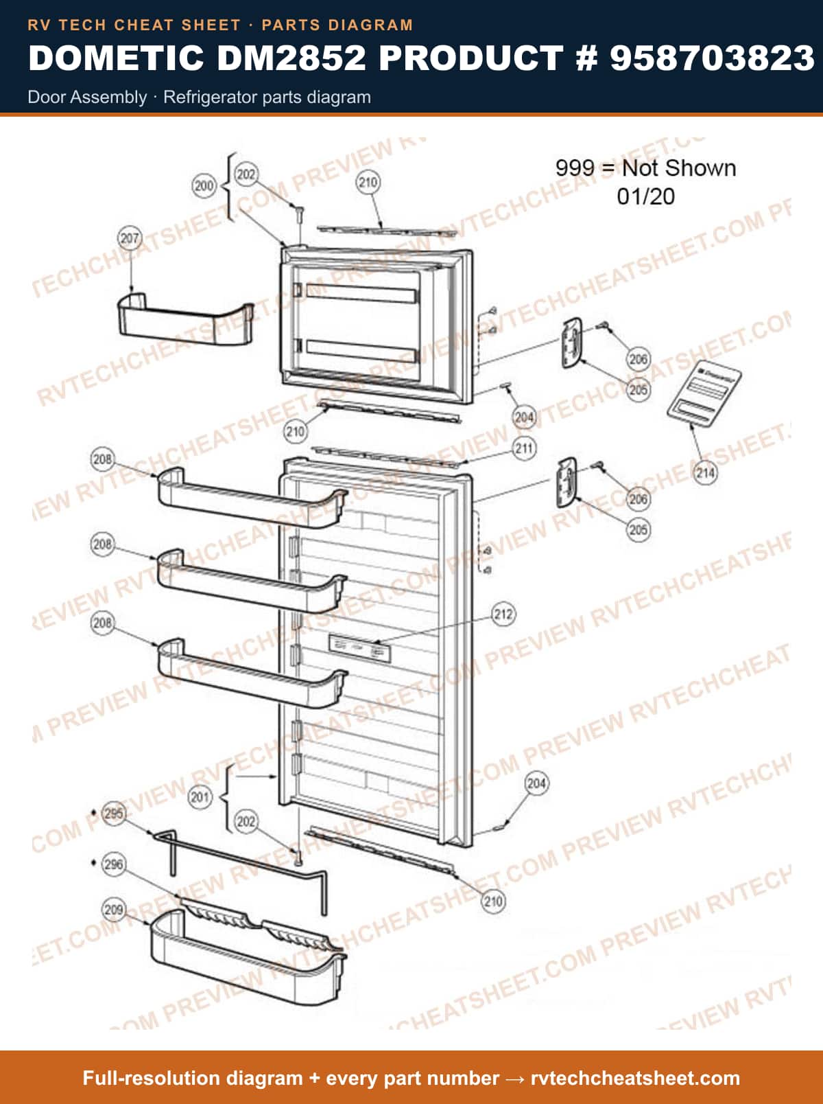 Dometic DM2852 Product # 958703823 door assembly — parts list sheet