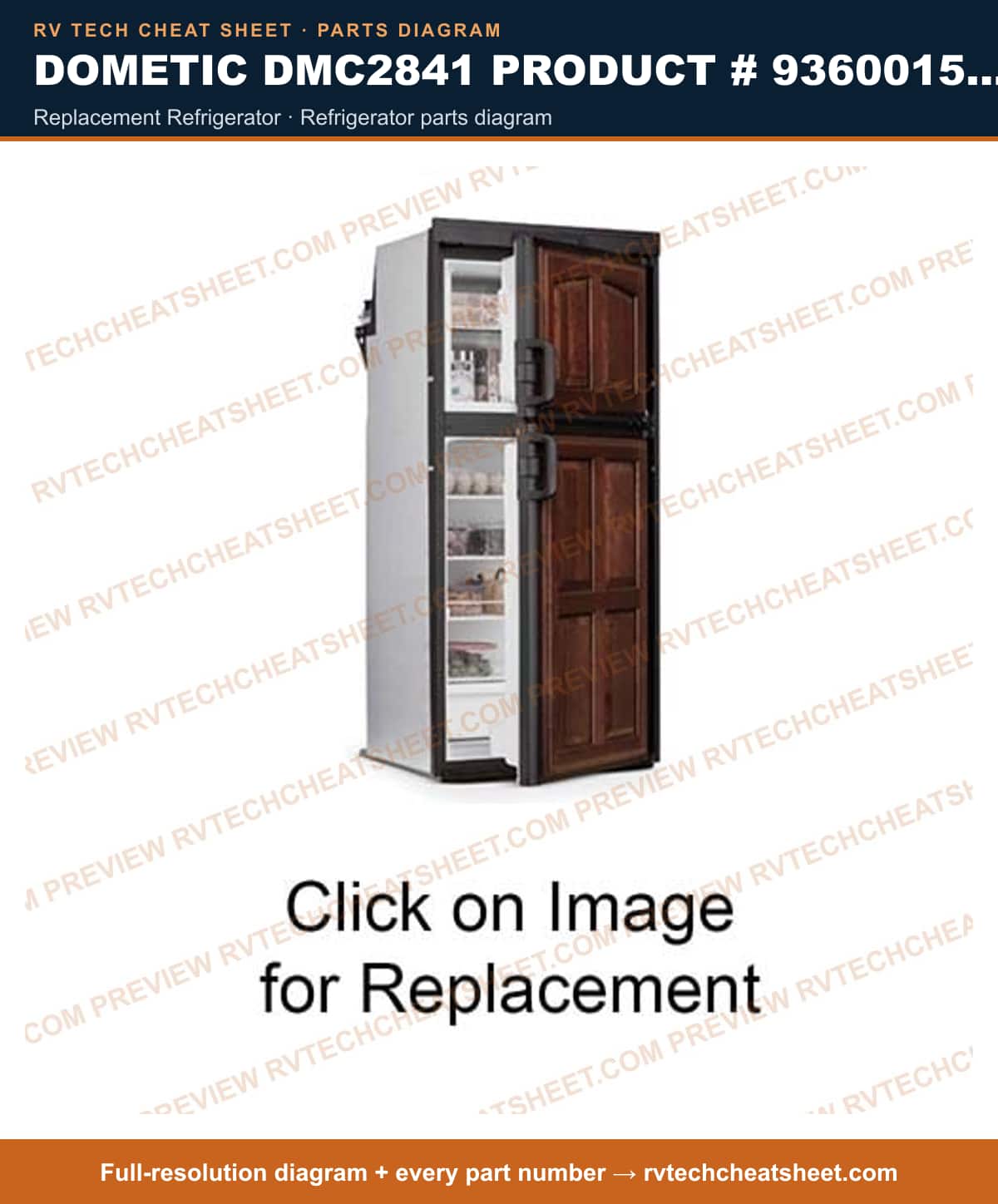 Dometic DMC2841 Product # 936001576 replacement refrigerator — parts list sheet