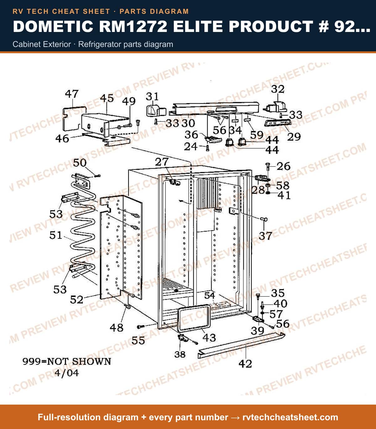 Dometic RM1272 Elite Product # 921148087 Beige cabinet exterior — parts list sheet