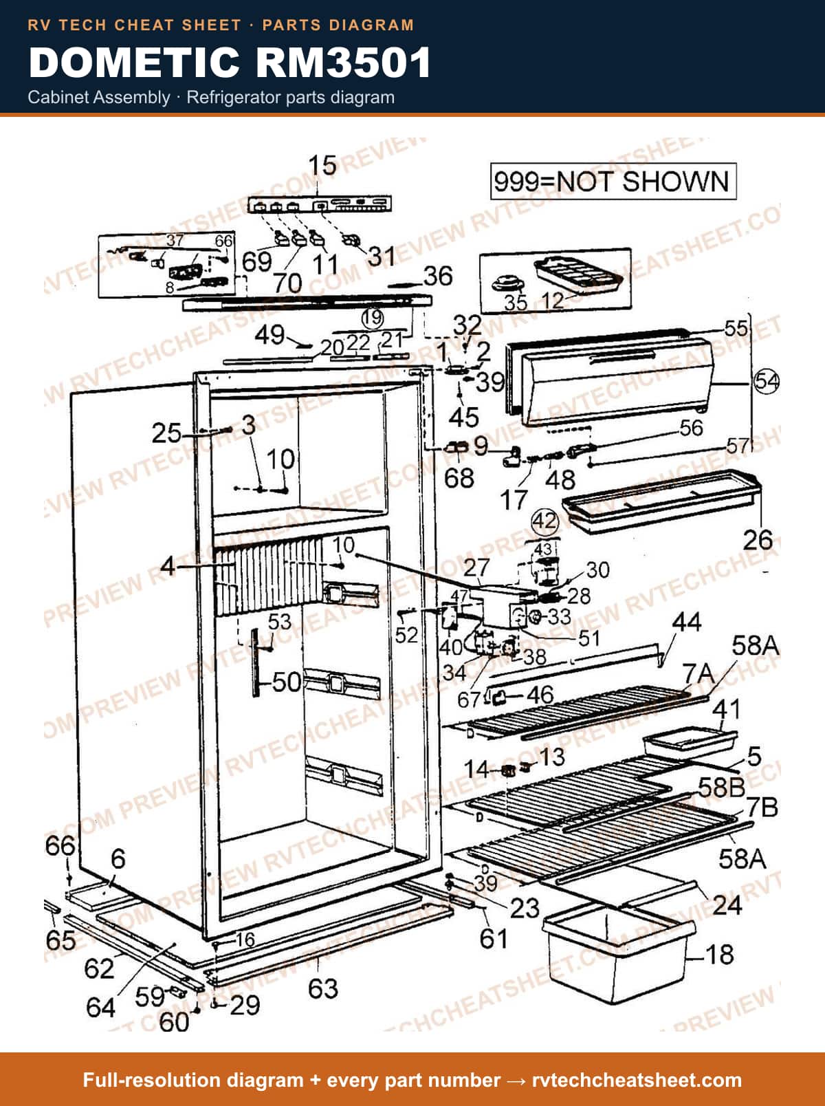Dometic RM3501 cabinet assembly — parts list sheet
