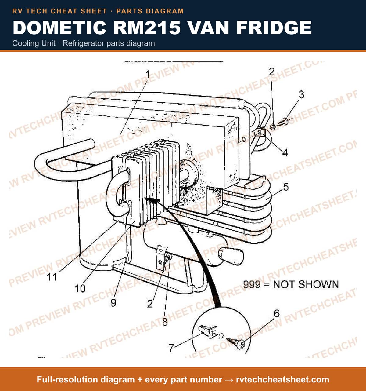 Dometic RM215 Van Fridge cooling unit — parts list sheet