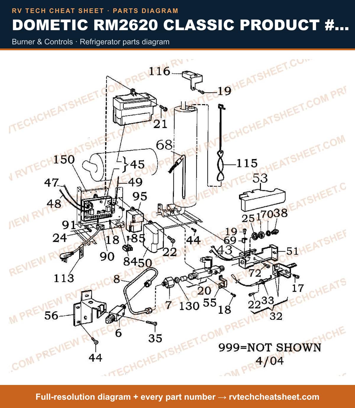 Dometic RM2620 Classic Product # 921575012 Beige burner & controls — parts list sheet