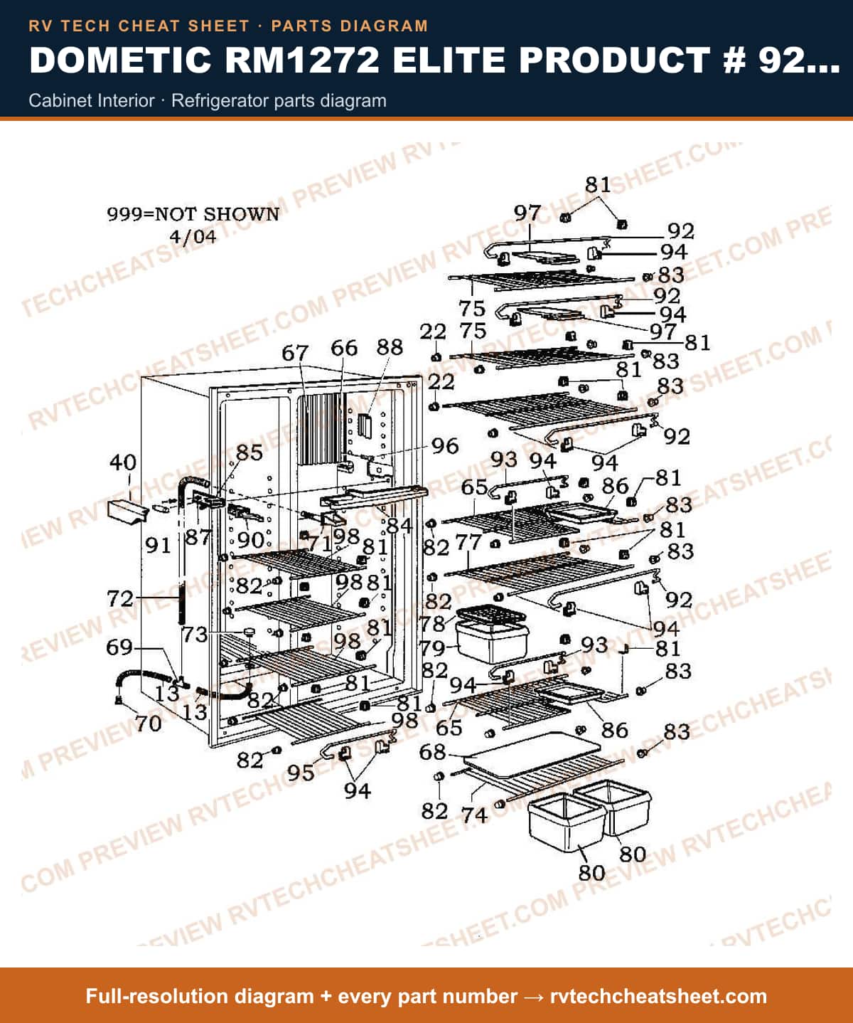Dometic RM1272 Elite Product # 921148087 Beige cabinet interior — parts list sheet