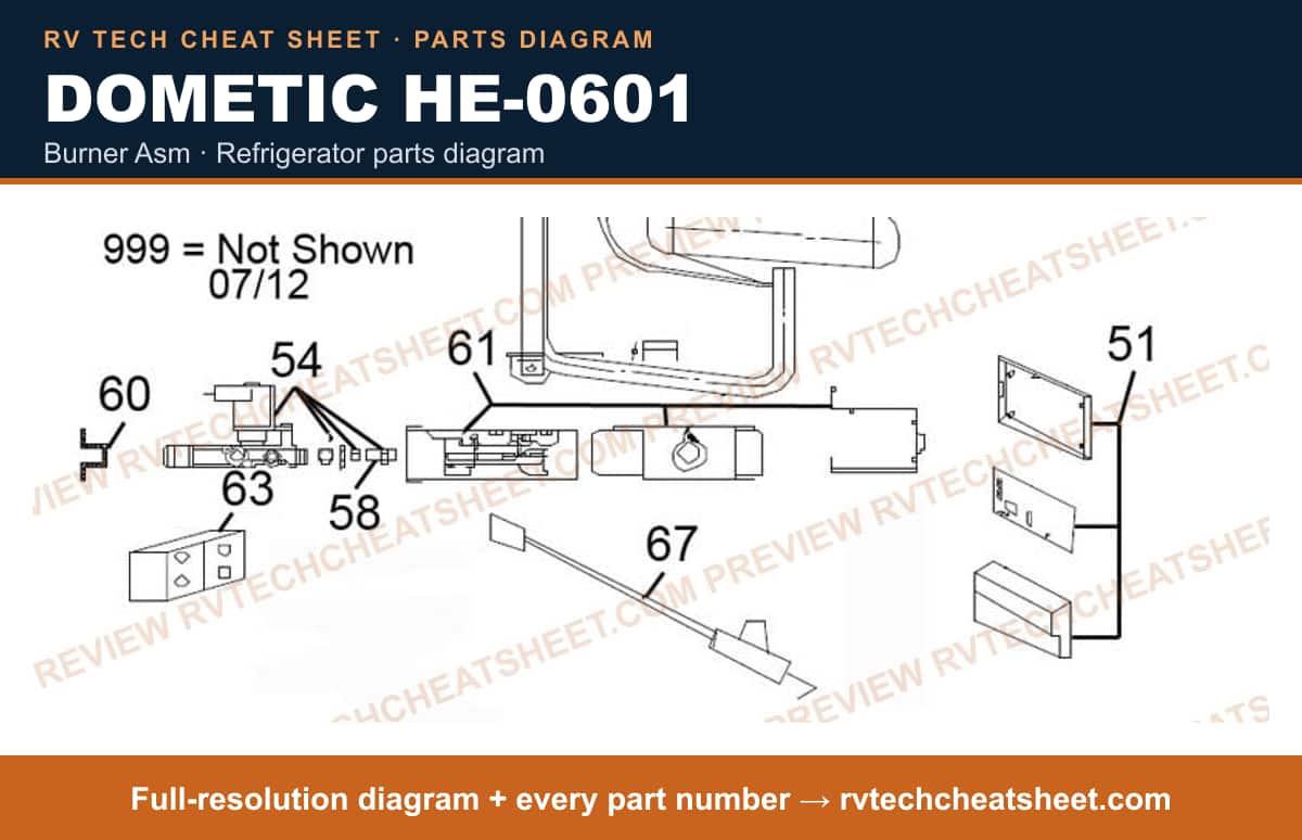 Dometic HE-0601 burner asm — parts list sheet 1 of 2
