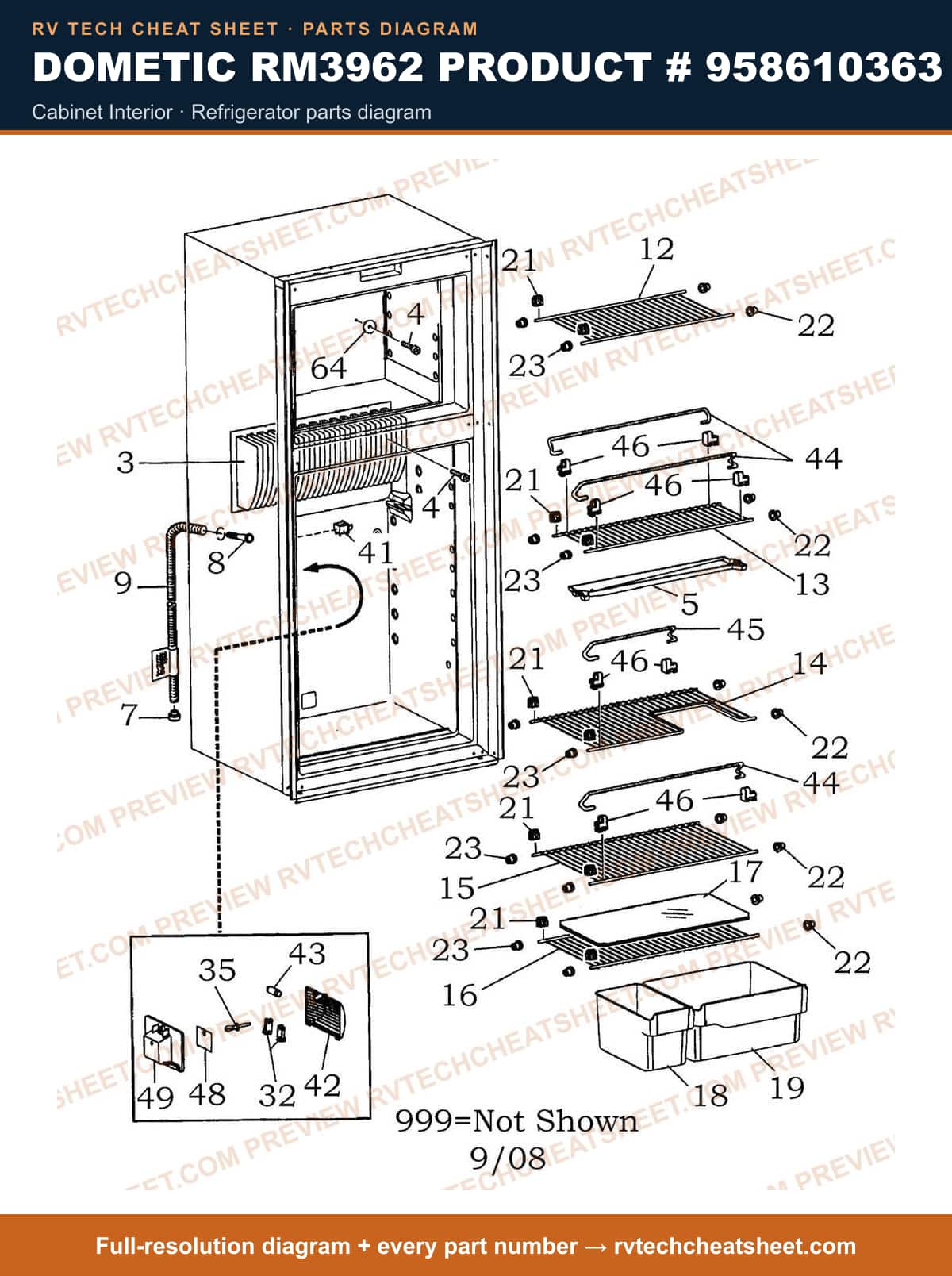 Dometic RM3962 Product # 958610363 cabinet interior — parts list sheet