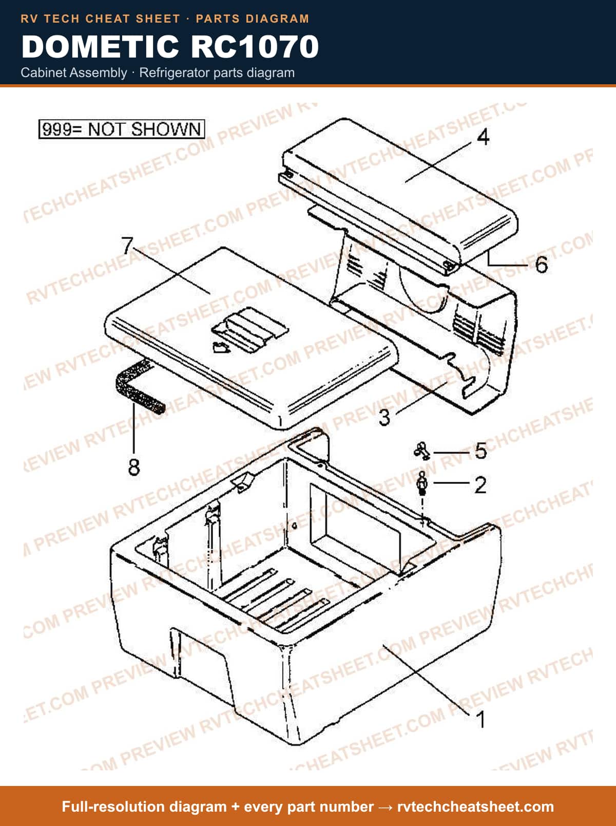 Dometic RC1070 cabinet assembly — exploded parts diagram