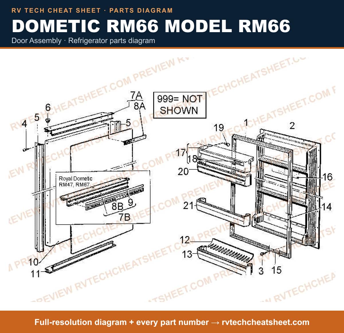 Dometic RM66 Model RM66 door assembly — parts list sheet