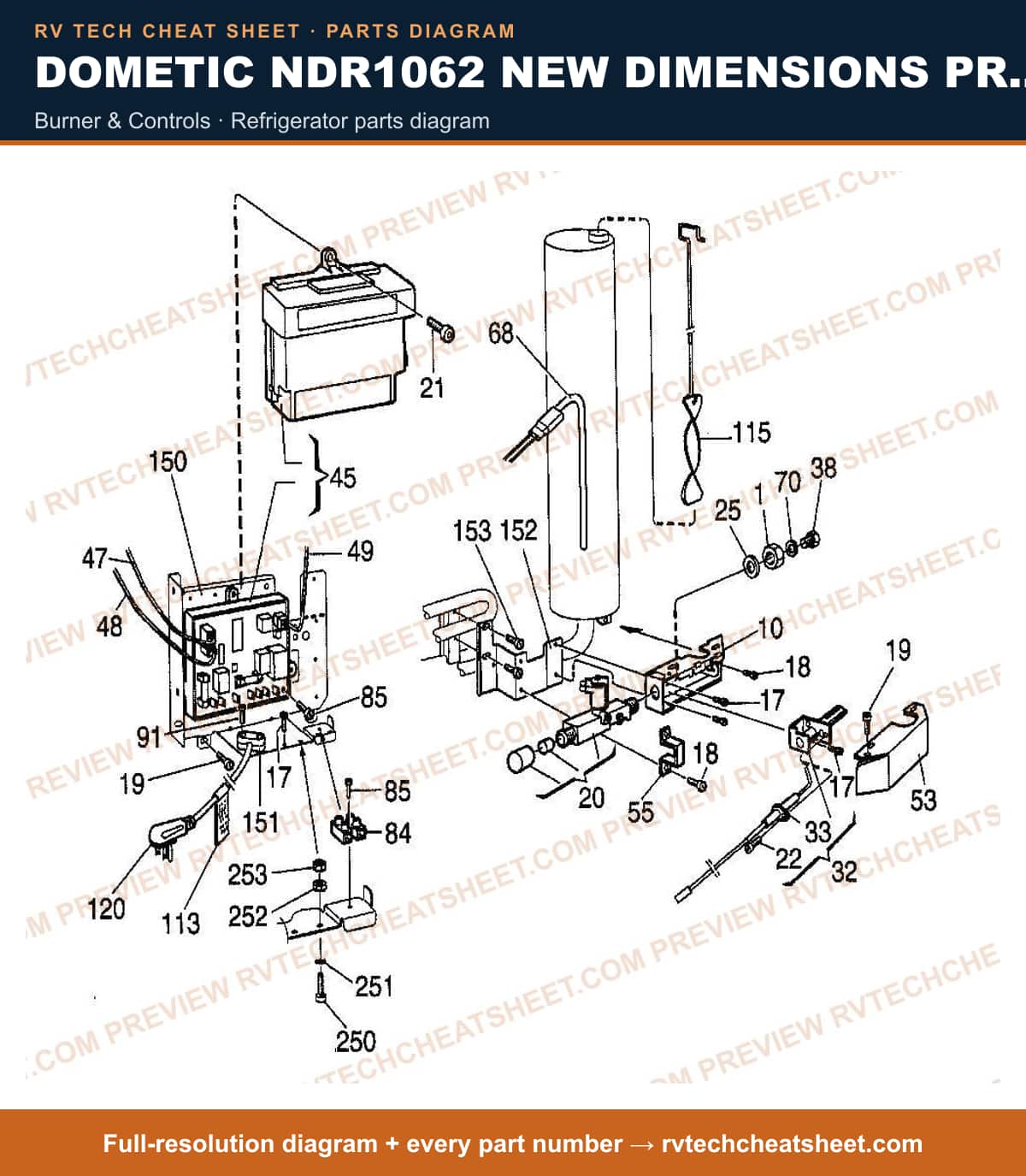 Dometic NDR1062 New Dimensions Product # 921146181 Black burner & controls — parts list sheet