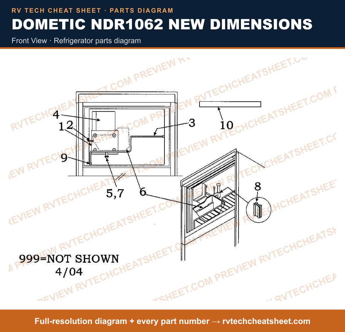 Dometic NDR1062 New Dimensions front view — parts list sheet