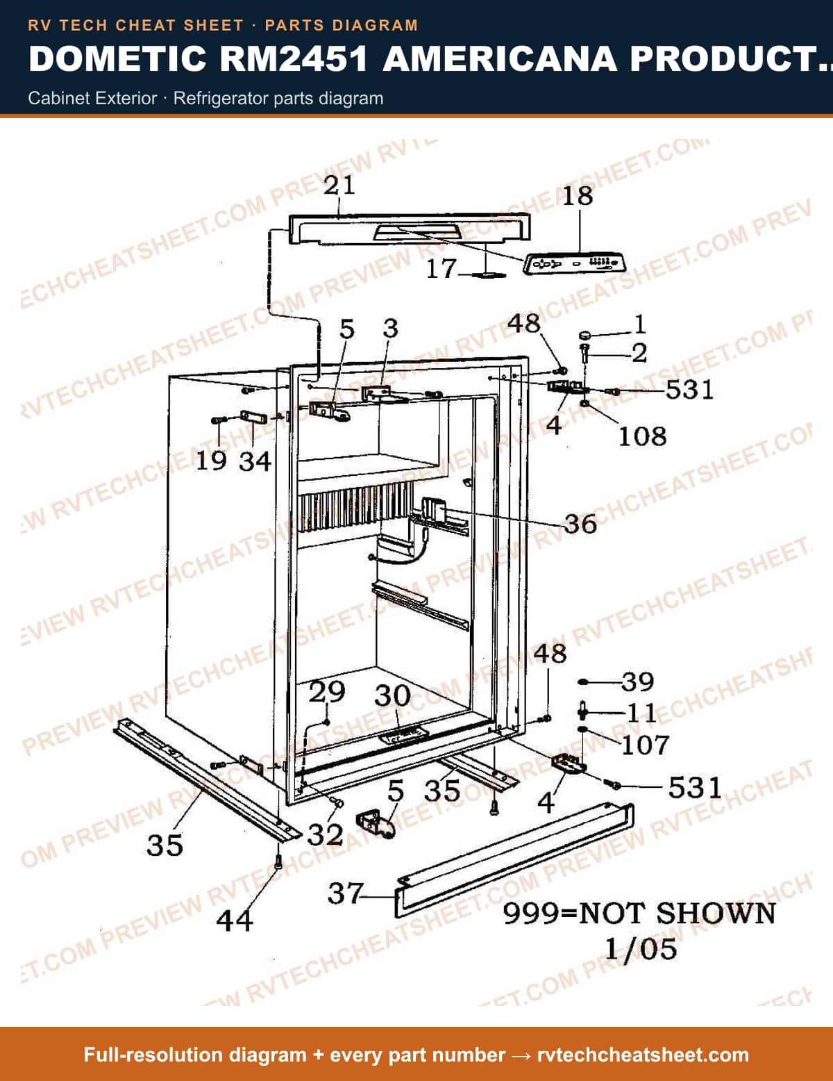 Dometic RM2451 Americana Product # 921140117 Black cabinet exterior — parts list sheet
