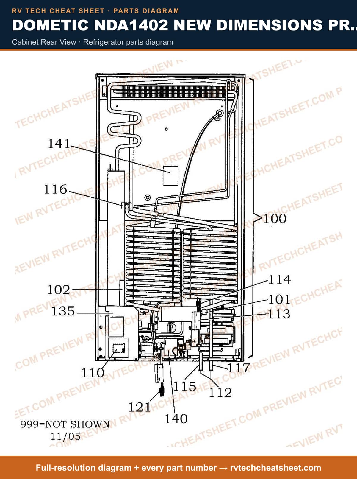 Dometic NDA1402 New Dimensions Product # 921148258 Black cabinet rear view — parts list sheet