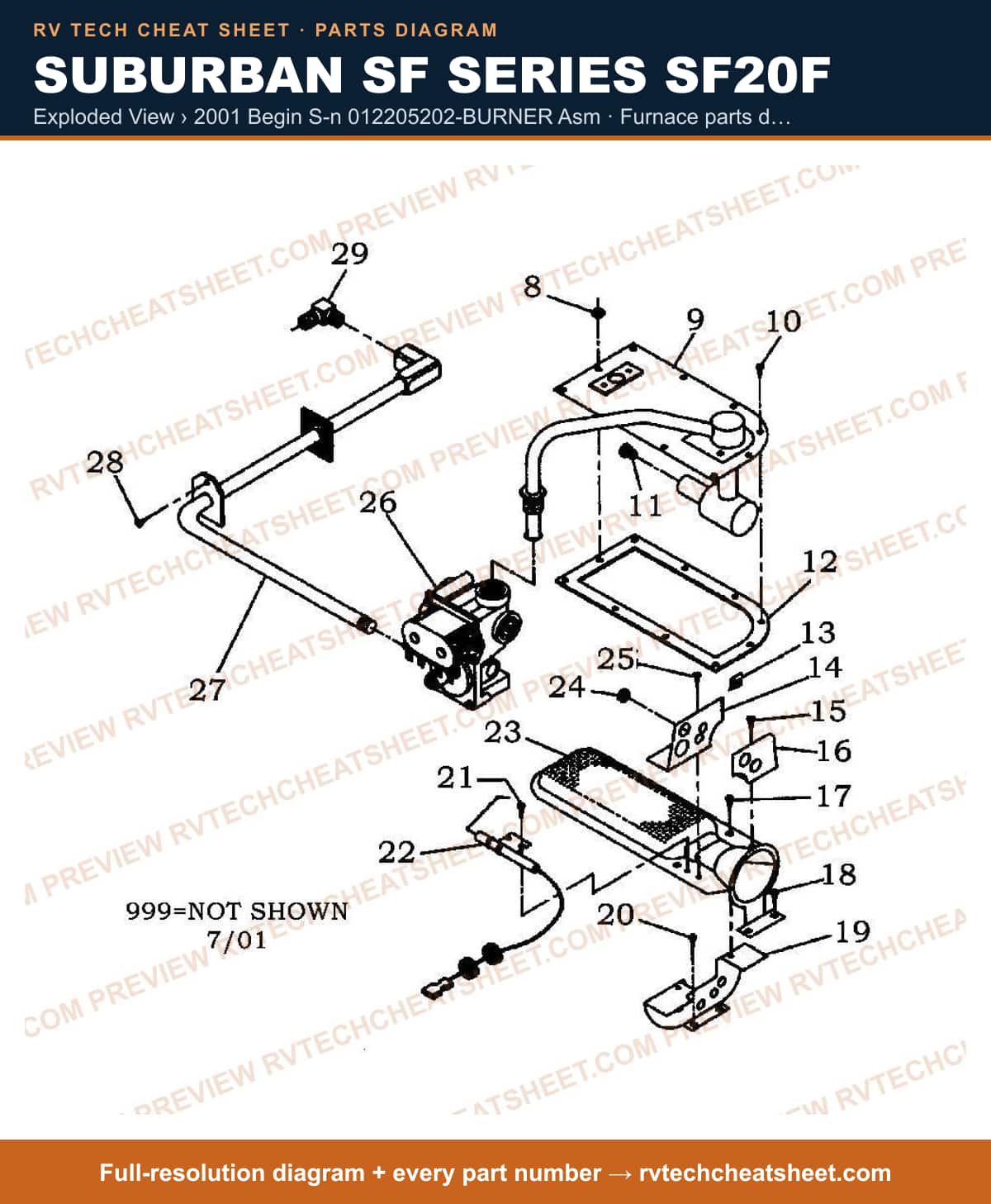 Suburban Sf Series SF20F exploded view › 2001 begin s-n 012205202-burner asm — exploded parts diagram 2 of 2