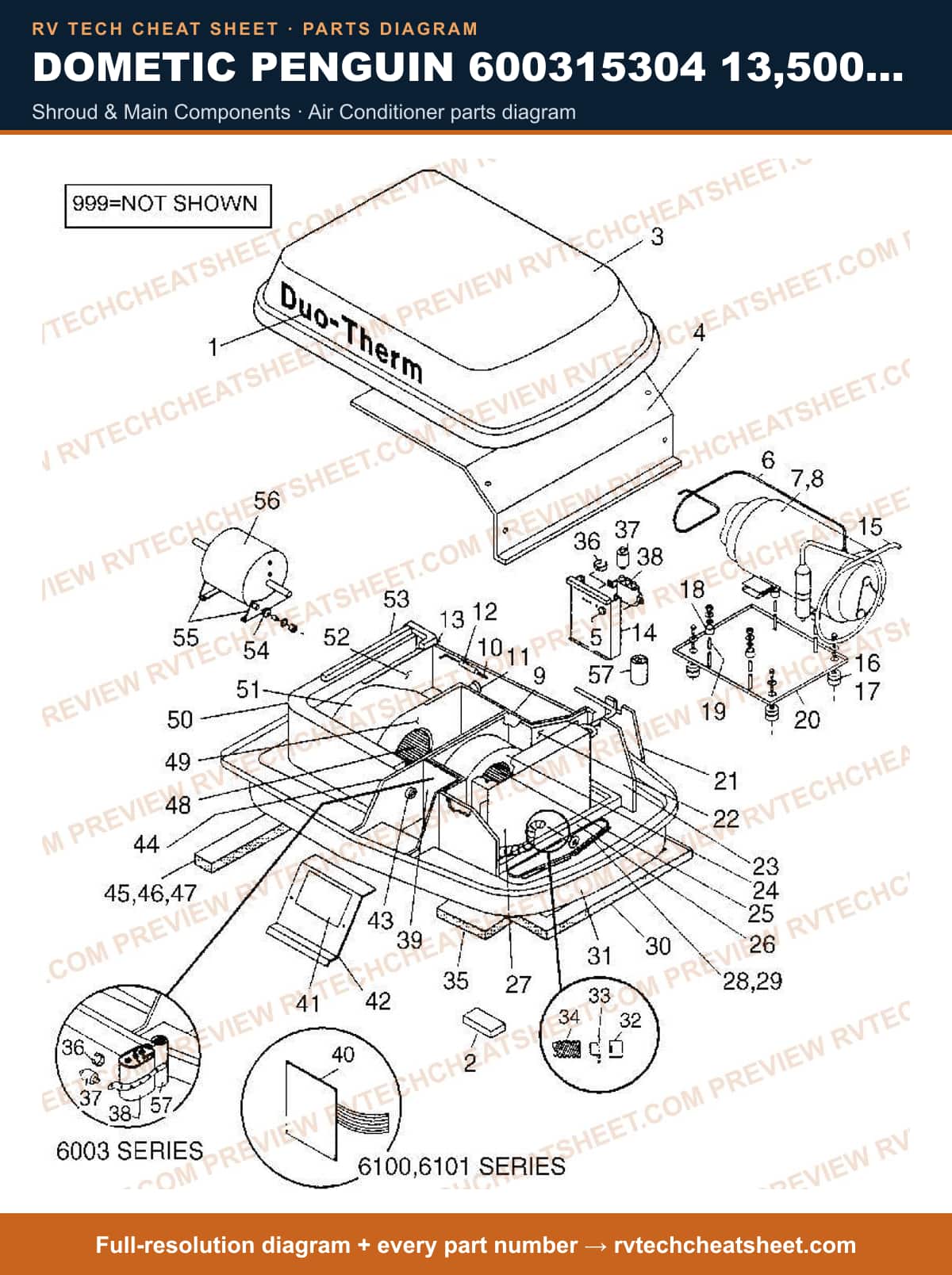 Dometic Penguin 600315304 13,500 BTU shroud & main components — parts list sheet