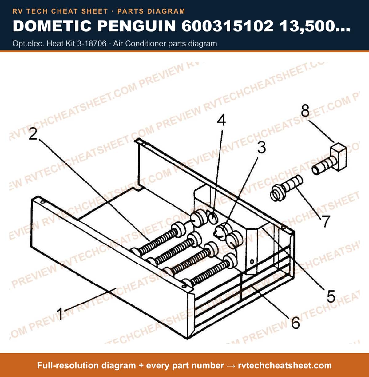 Dometic Penguin 600315102 13,500 BTU opt.elec. heat kit 3-18706 — parts list sheet