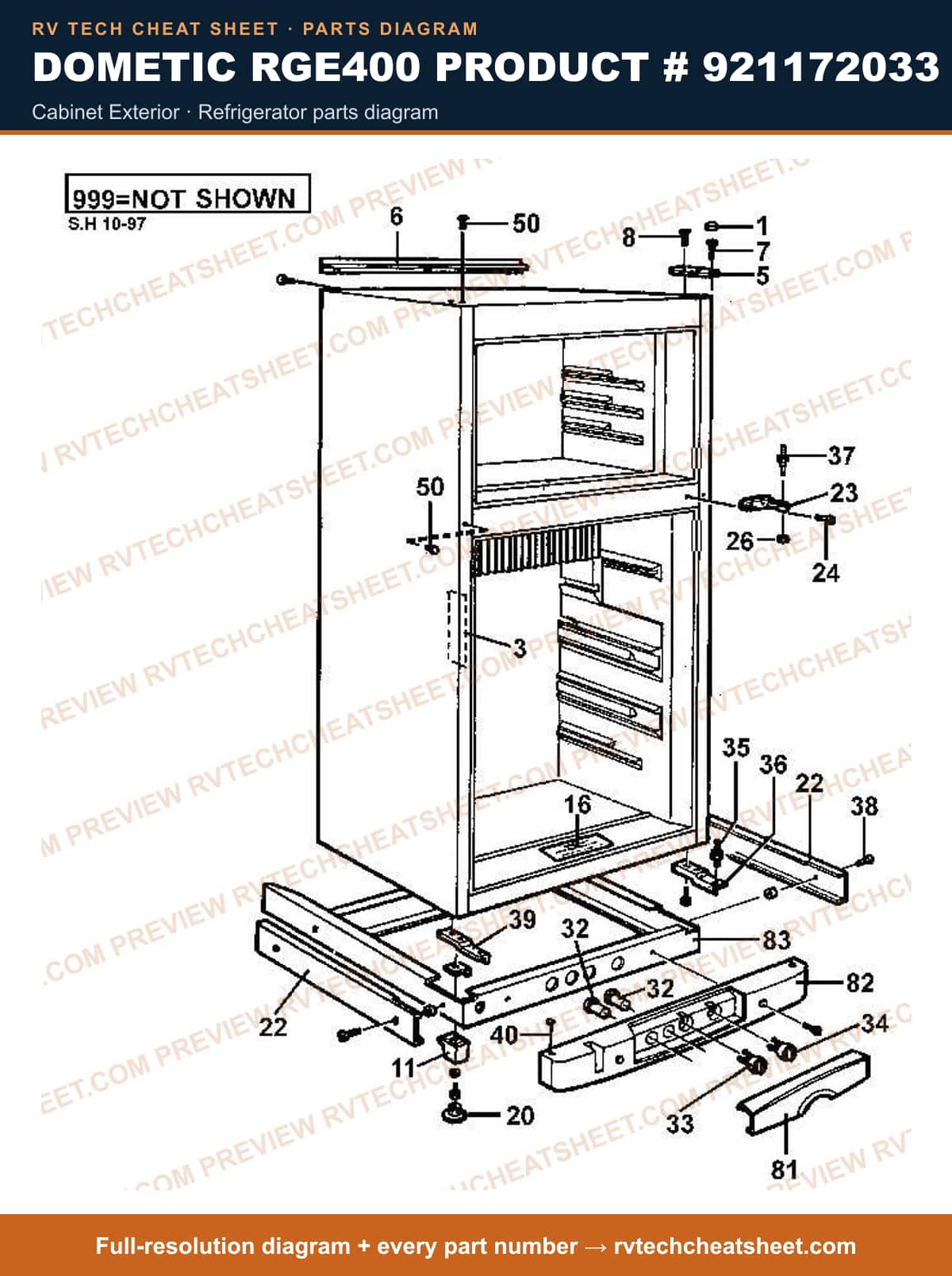 Dometic RGE400 Product # 921172033 cabinet exterior — exploded parts diagram