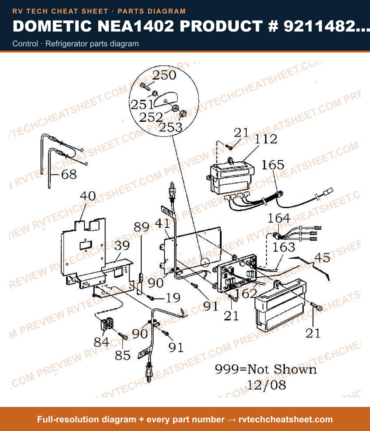 Dometic NEA1402 Product # 921148281 control — parts list sheet