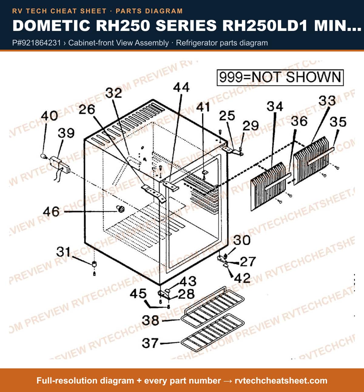 Dometic RH250 Series RH250LD1 Minibar p#921864231 › cabinet-front view assembly — parts list sheet
