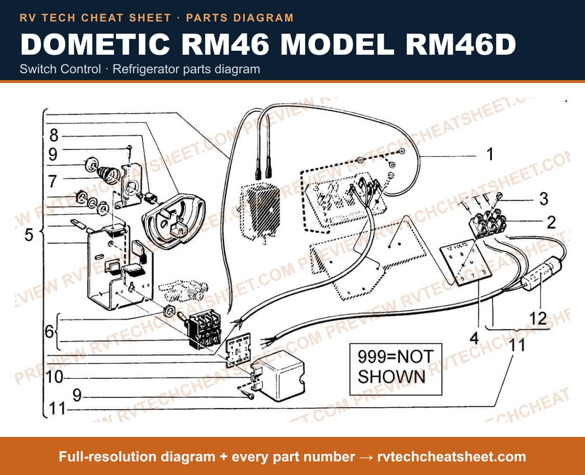Dometic RM46 Model RM46D switch control — parts list sheet