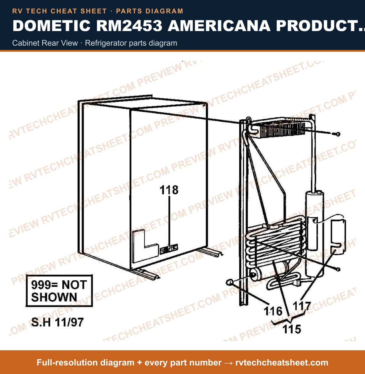 Dometic RM2453 Americana Product # 921140104 Brown cabinet rear view — parts list sheet