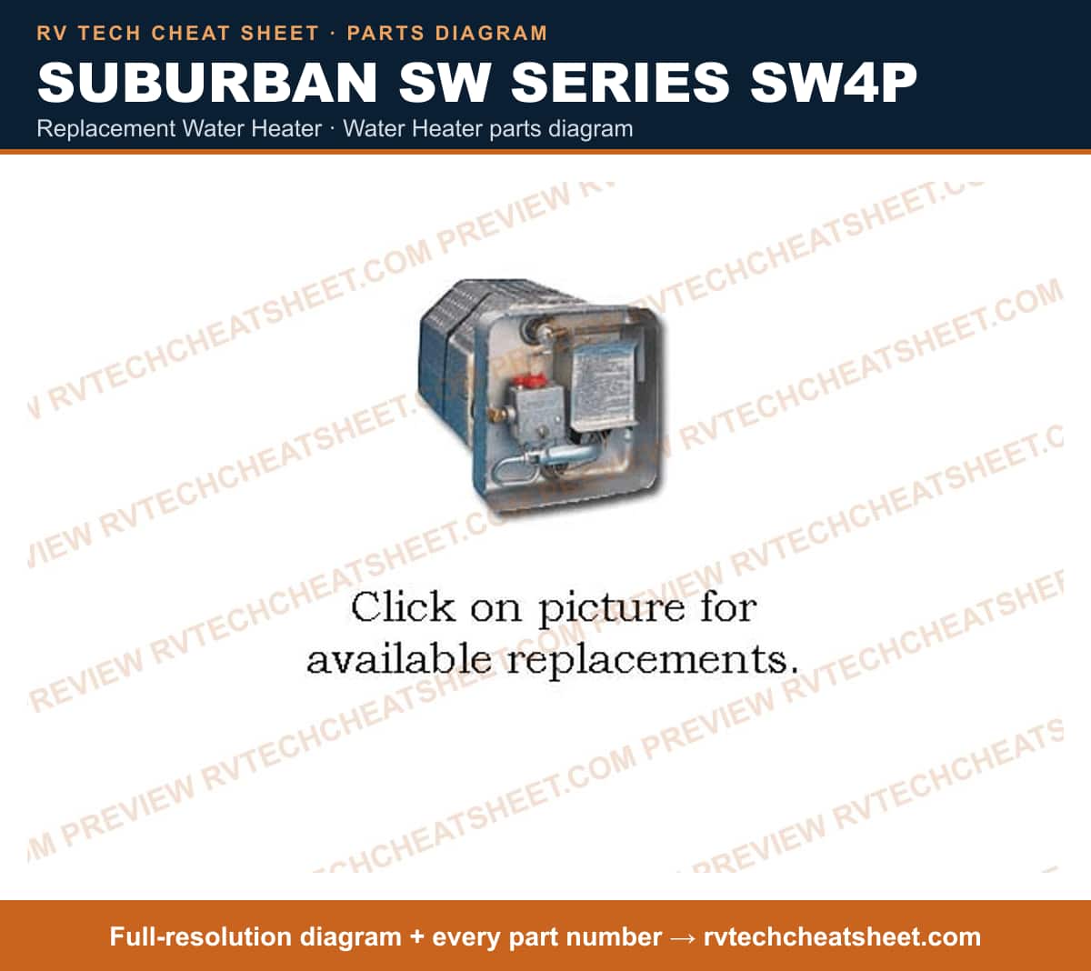 Suburban Sw Series SW4P replacement water heater — parts list sheet