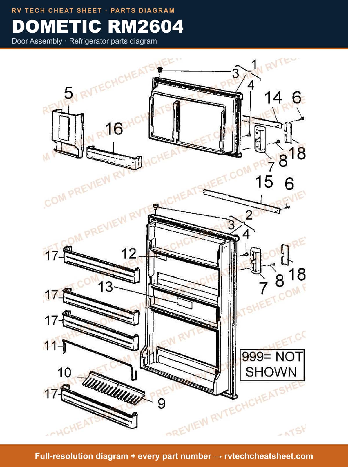 Dometic RM2604 door assembly — parts list sheet