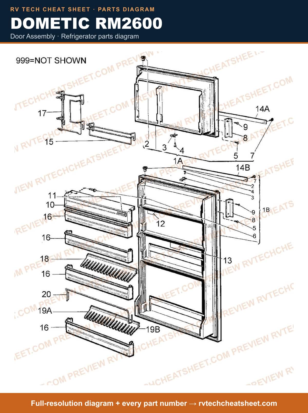 Dometic RM2600 door assembly — parts list sheet