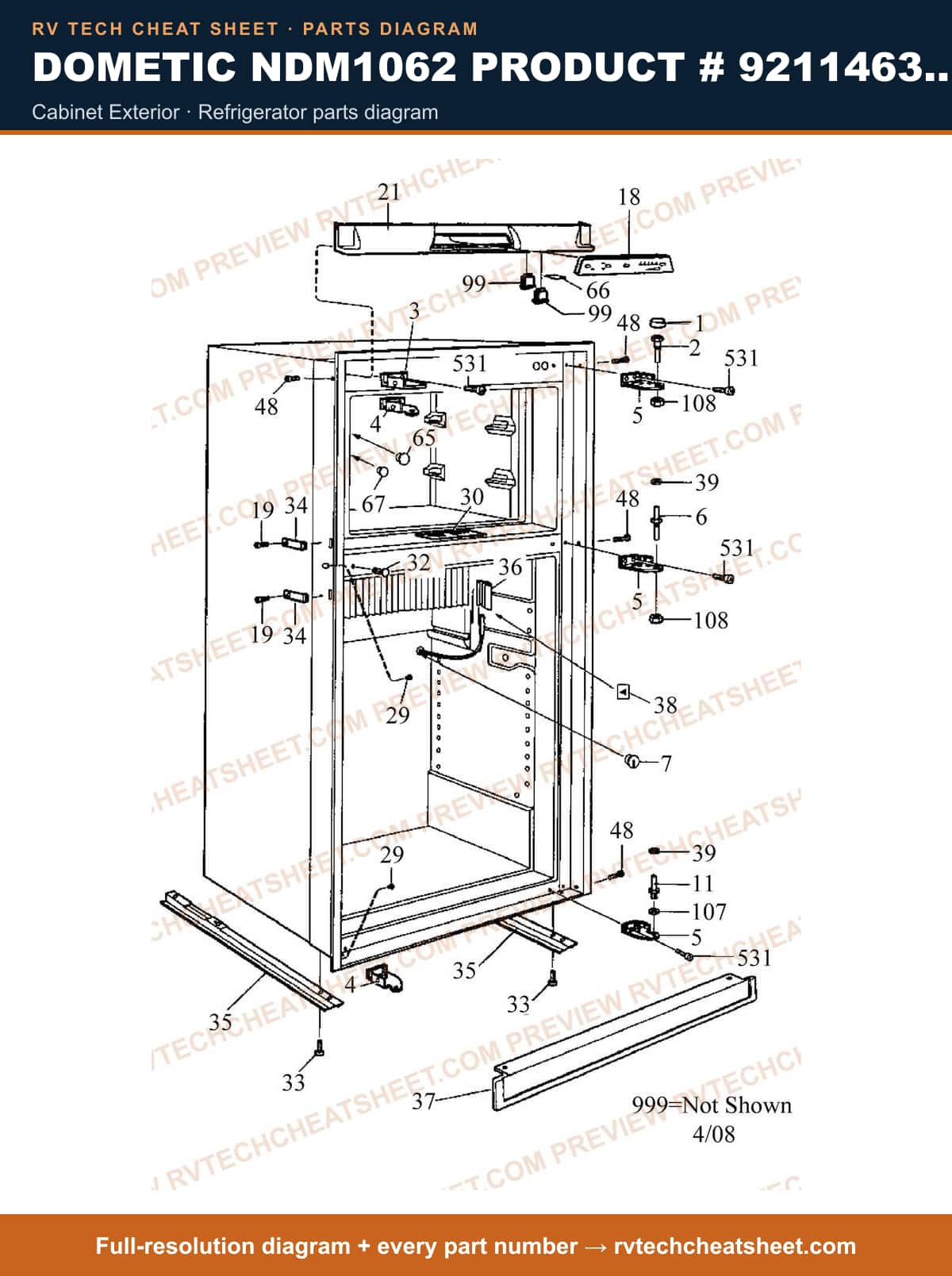 Dometic NDM1062 Product # 921146317 Black cabinet exterior — parts list sheet