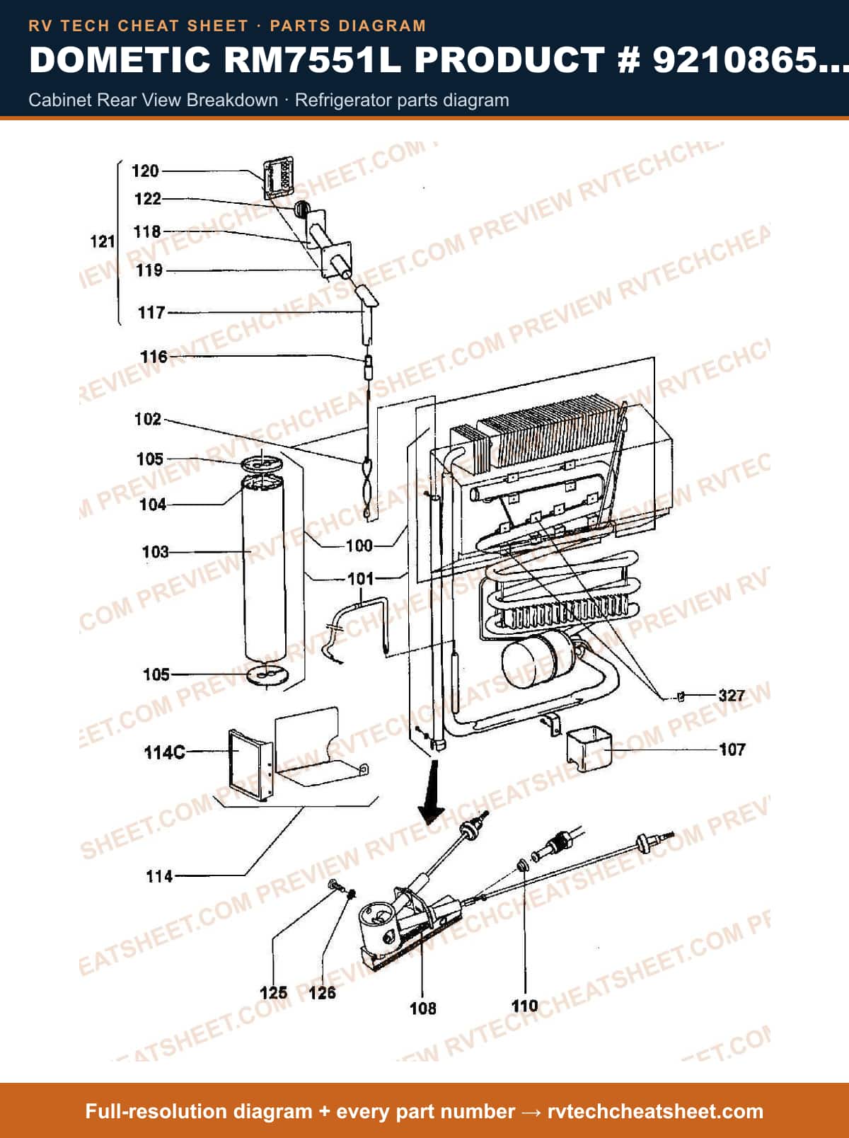 Dometic RM7551L Product # 921086596 cabinet rear view breakdown — parts list sheet