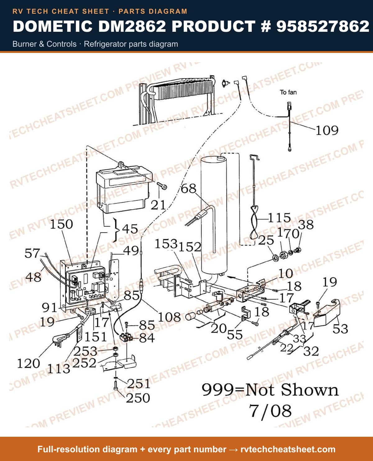 Dometic DM2862 Product # 958527862 burner & controls — parts list sheet