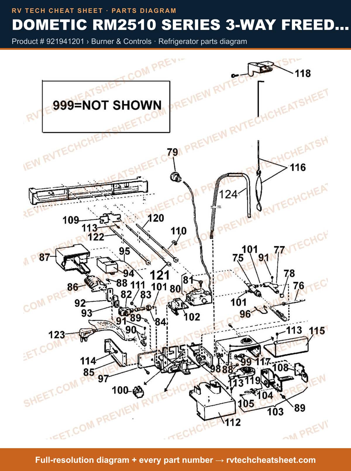 Dometic RM2510 Series 3-WAY Freedom product # 921941201 › burner & controls — parts list sheet