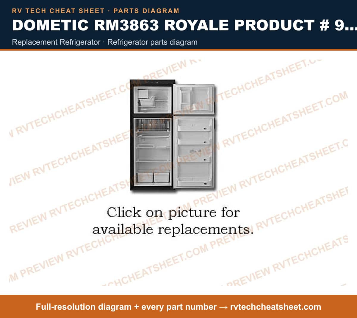 Dometic RM3863 Royale Product # 921146009 Beige replacement refrigerator — parts list sheet