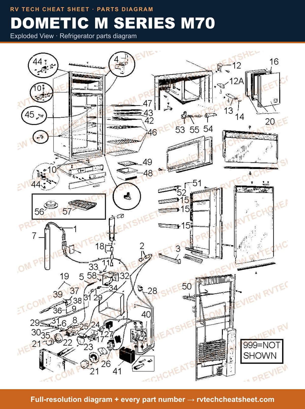 Dometic M Series M70 exploded view — parts list sheet