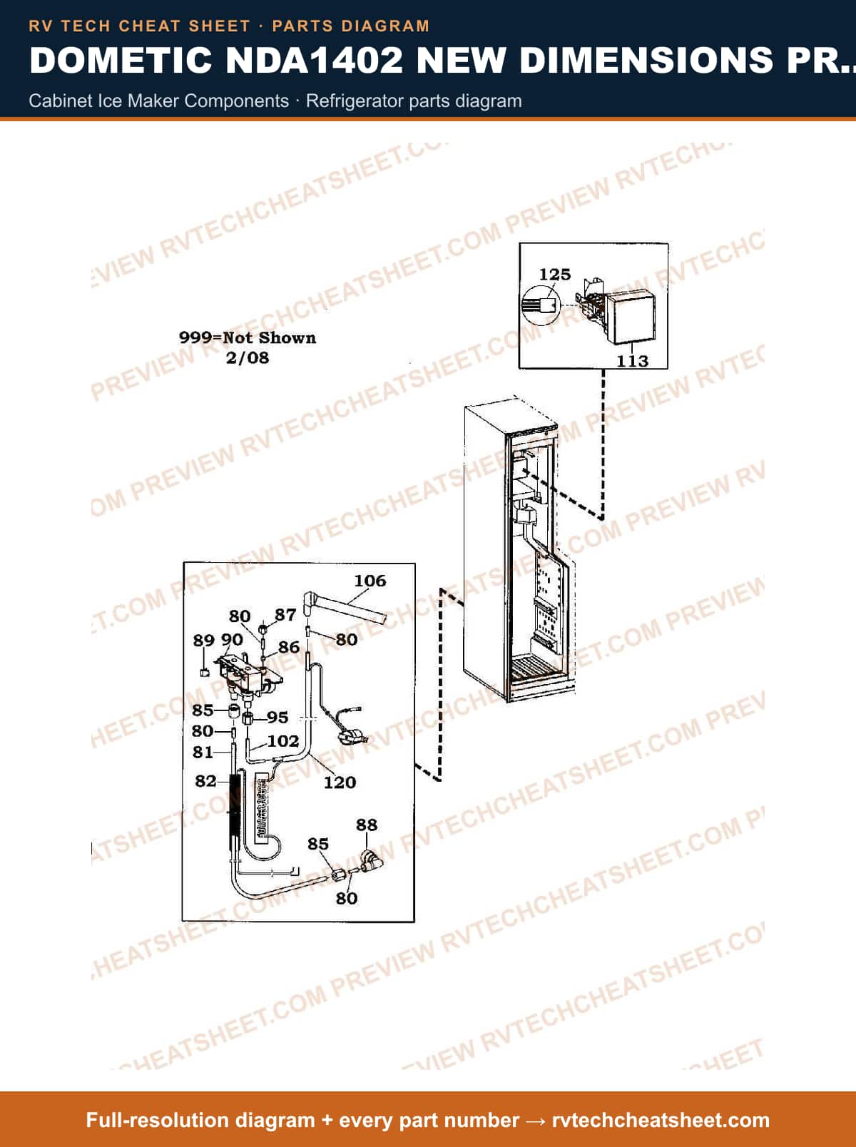 Dometic NDA1402 New Dimensions Product # 921148280 Stainless cabinet ice maker components — parts list sheet