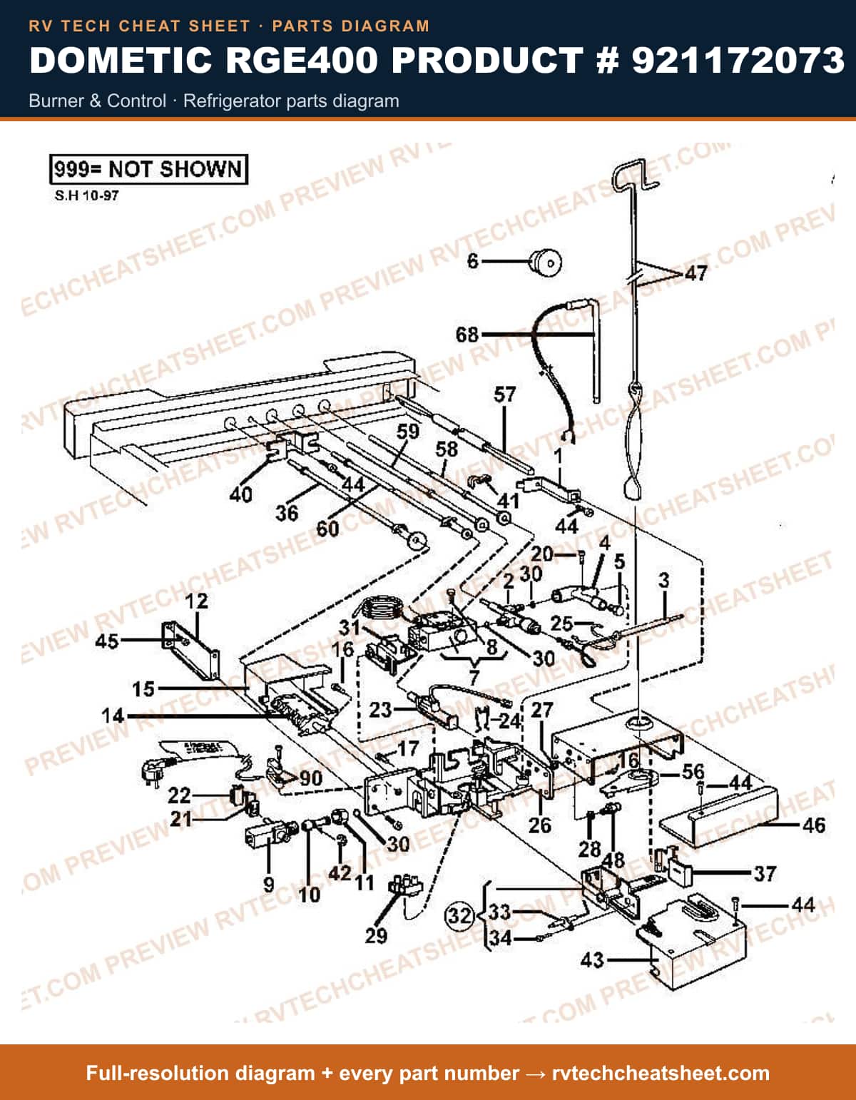 Dometic RGE400 Product # 921172073 burner & control — exploded parts diagram